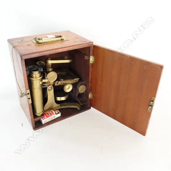 BRASS MONOCULAR MICROSCOPE by JAMES PARKES & SON, B'HAM  w VARIOUS LENSES (CASE w REPLACED DOOR)